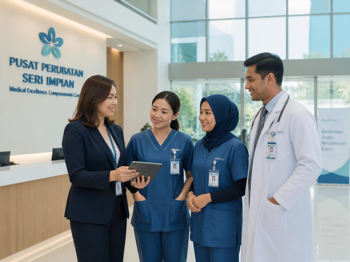 Malaysian hospital administrator and clinical team reviewing rosters