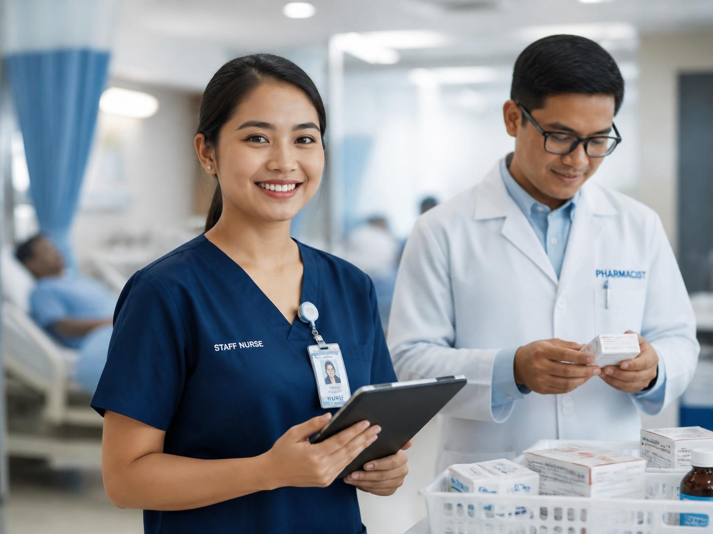 Malaysian staff nurse and pharmacist working in a modern hospital ward